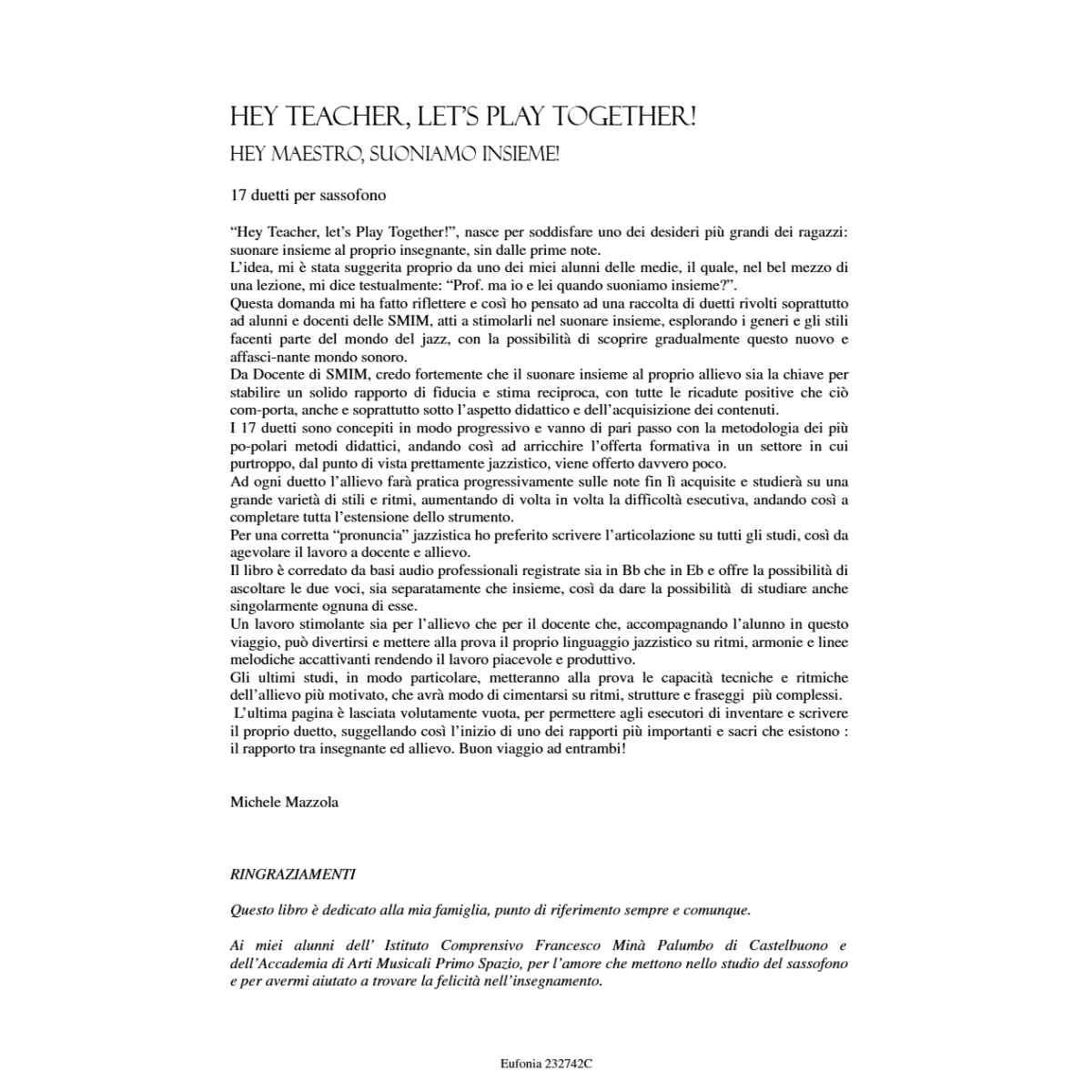 Hey Teacher, Let's Play Together - Hey Maestro, Suoniamo Insieme: 17 Duetti per Sax (M Mazzola M.) con QR code per download basi