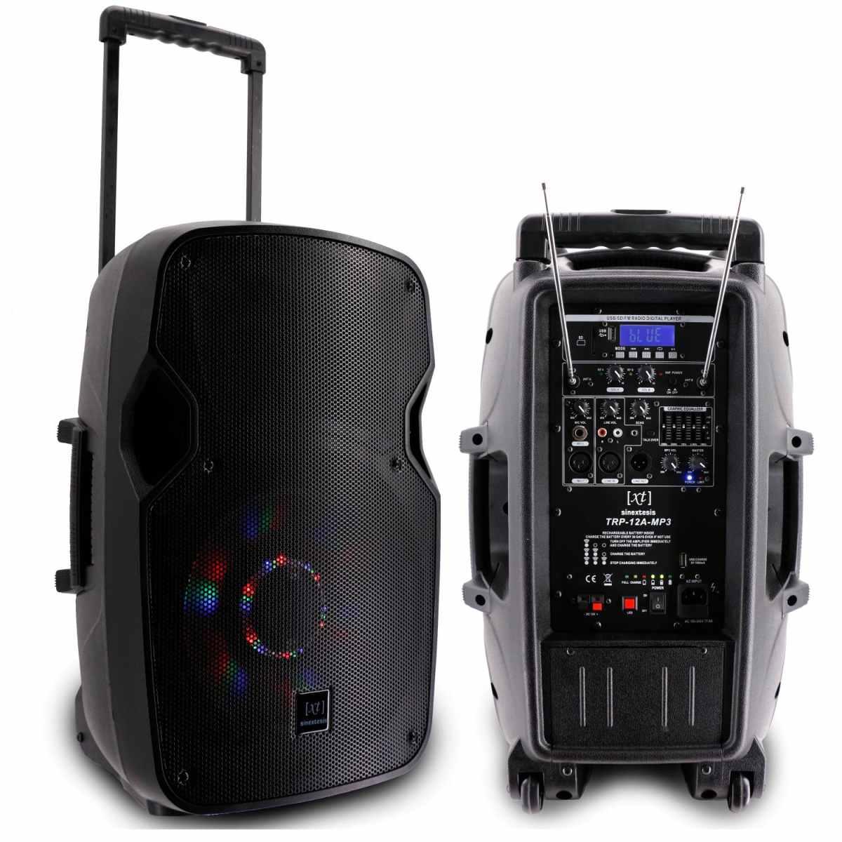 SINEXTESIS Diffusore Trolley 400W Ricaricabile Woofer da 12' con sistema LED, Display LCD, Player Mp3 (USB/SD), Radio FM, Caricatore USB, Telecomando, 2 Radiomicrofoni, Echo e Talk